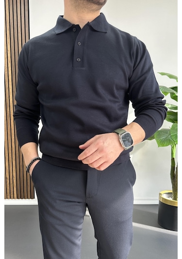 Erkek Düğmeli Polo Yaka Kazak Lacivert Edw231 Lacivert