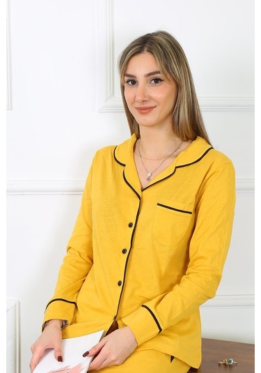 Akbeniz Kadın Pamuk Penye Önden Düğmeli Uzun Kol Sarı Pijama Takım 2782-sarı Sarı