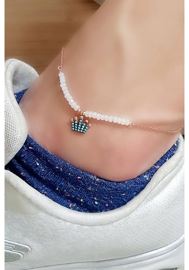 Turkuaz Taşlı Taç Figürlü Kristal Kuvars Taşlı Gümüş Halhal Turkuaz