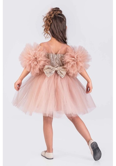 Kız Çocuk Abiye Elbise Ponpon Kol Pul Payetli Tütülü Pudra