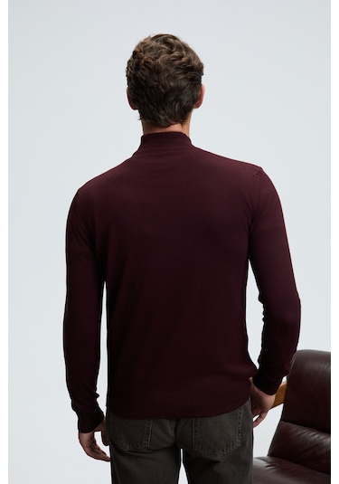 REBEL Erkek Yarım Balıkçı Yaka Basic Slim Fit Triko Bordo Kazak