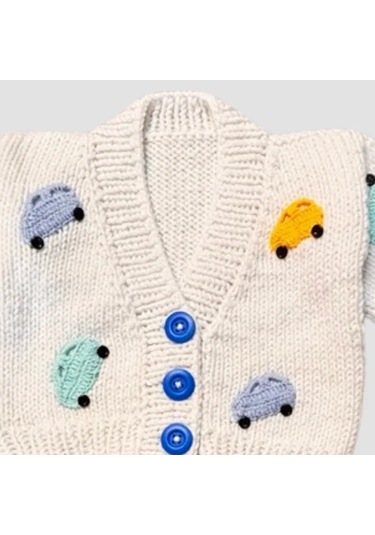 Uretti - Gülnur 2184 - El Örgüsü Araba Motifli Erkek Çocuk Hırka 3 Yaş - Beyaz Beyaz