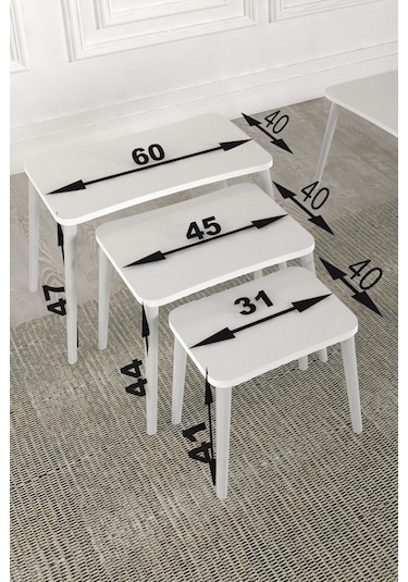 Zuesse Dizayn Beyza 3lü Zigon Sehpa & Yan Sehpa Beyaz Ahşap Ayaklı Salon Seti Çay Sehpası - Kristal