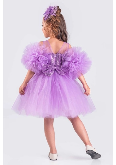 Kız Çocuk Abiye Elbise Ponpon Kol Pul Payetli Tütülü Lila