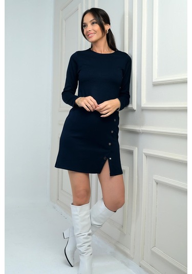 Kadın Çıtçıtlı Kısa Elbise-41798 Lacivert
