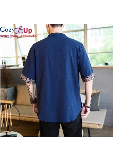 Rahat Up Çin Tarzı 1/2 Kollu Casual Gömlek Erkek İnce Stand Yaka Nakış Pamuk Ve Keten Gri Mavi Gri - Mavi