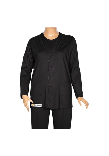 Hesna Kadın Umut Battal Beden Beş Düğmeli Cepli Penye Siyah Ceket Siyah