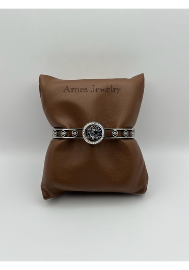 Arnes Jewelry Çelik Silver Zirkon Taşlı Kelepçe Bileklik Ar19 Silver