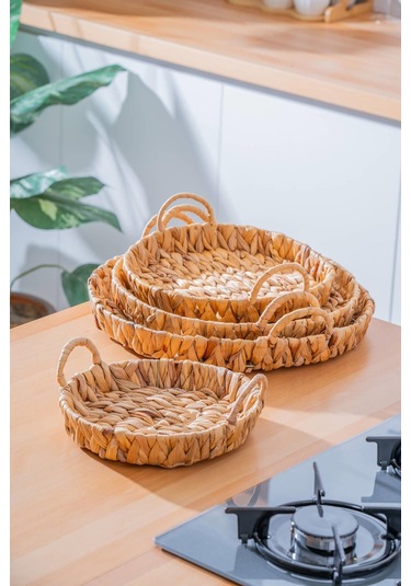 Wicker 4 Parça Hasır Yuvarlak Sepet Hasır