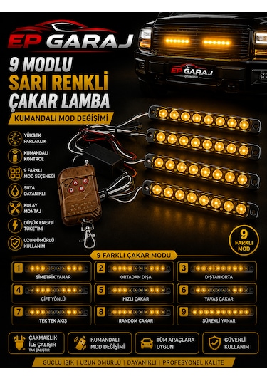 Ersal Bütün Araçlara Uyumlu 9 Modlu Led Multi Function Strobe Light Profesyonel Çakar Lamba Seti -