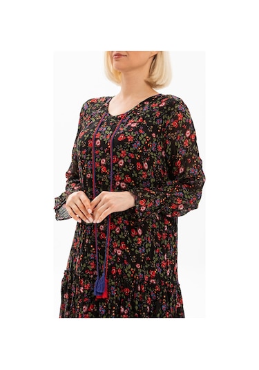 Uzun Kol Vual Gonca Uzun Elbise Tomurcuk Desen Siyah 6162-siyah Siyah