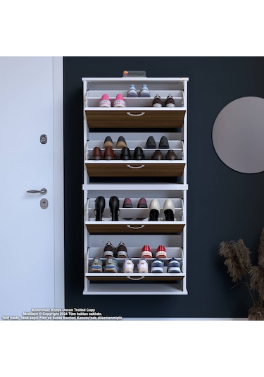 Modilayn Umay' 2 Li Asma Antre Hol 72 X 148 X 25, 5 Cm Lik 4 Düşer Kapak 8 Raf Bölmeli Ayakkabılık Beyaz - Ceviz