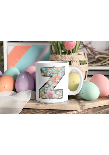 Z Harfli Pastel Çiçek Desenli Kahve Kupası - Kişiye Özel Çiçekler Koleksiyonu Bardak - Hediye Beyaz