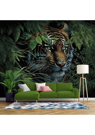 Kaplan Ve Yaprak Temalı Duvar Kağıdı Baskı