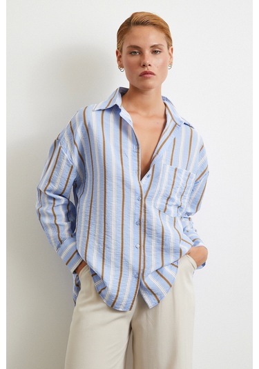 Kahve Çizgili Gömlek Mavi Mavi
