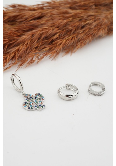 Kadın Kararmaz Altın Kaplama Kaktüs Figürlü 3'Lü Zirkon Set Küp Gümüş-M