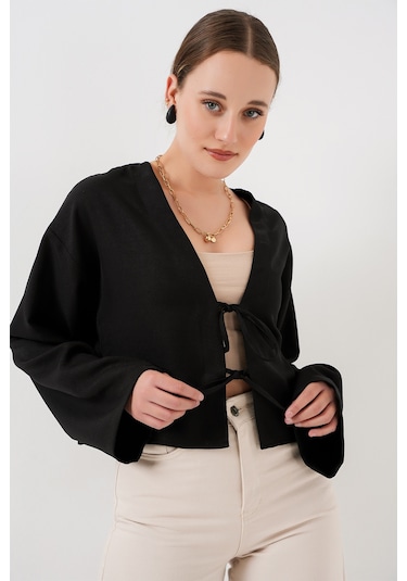 Bigdart Önü Bağlamalı Keten Kimono 960 - Siyah