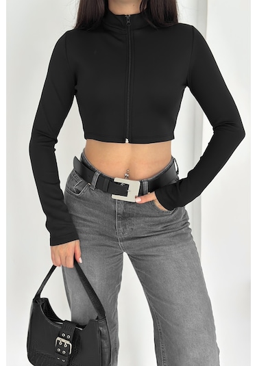 Kadın Fermuarlı Crop Ceket Dinamik & Modern Stil Siyah