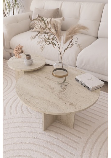 2 Li Orta Sehpa Seti, Iskandinav Stil, Bohem, 72 Cm, 40 Cm - Traverten