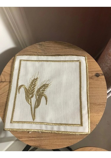 Nivemeshome Başak Nakışlı Gold Kare 6 Adet Keten Kokteyl Peçetesi Kahve Yanı Sunumluk Çok Renkli