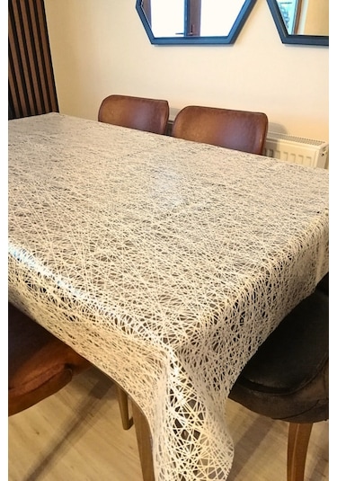 Dantel Görünümlü Üstü Şeffaf Kaplı Muşamba Masa Örtüsü -krem Renk