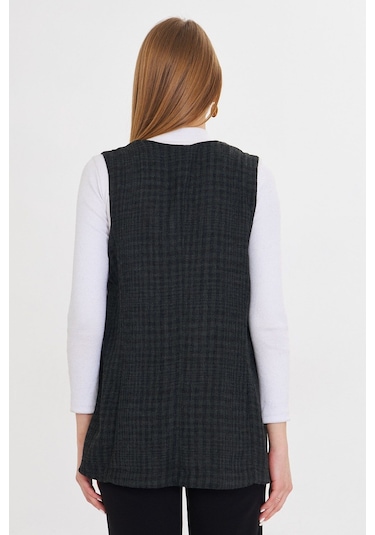 Armonika Kadın Haki V Yaka Tek Düğmeli Oversize Desenli Yelek Arm-25k001110