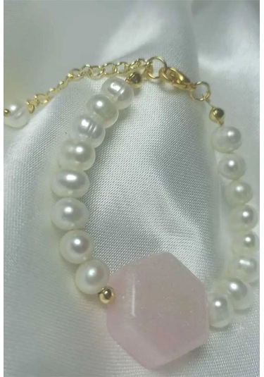 24k Altın Kaplama Gerçek İnci Sedefli Pembe Akrilik Detaylı Bilek Gold