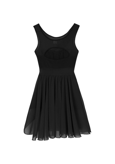 Kadın Retro V Yaka Şifon Etek Bale Leotard Asimetrik Elbise - Siyah