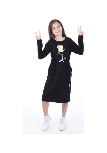 Toontoy Kız Çocuk Neon Baskılı Elbise Siyah