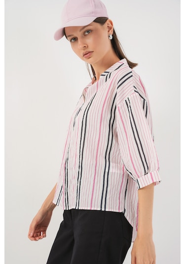 Bigdart Kadın Çizgili Oversize Bluz 967 - Pembe