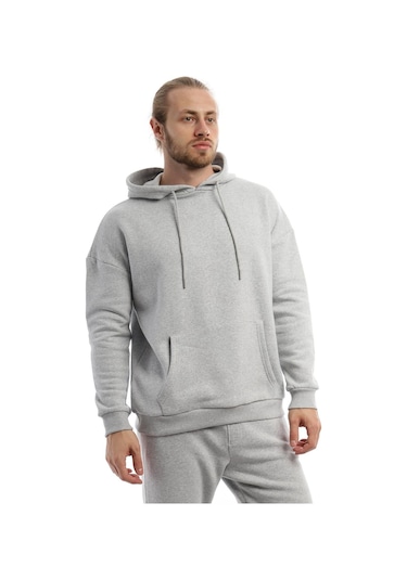 Erkek Kapüşonlu Kanguru Cepli Sweatshirt Gri Melanj