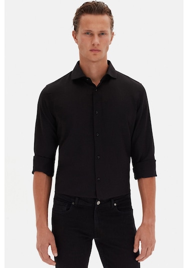 D'S Damat Slim Fit İtalyan Yaka Armürlü Uzun Kollu Kolay Ütülenebilir Nefes Alan Dört Mevsim Erkek Gömlek 2HF02ORT3185 Siyah