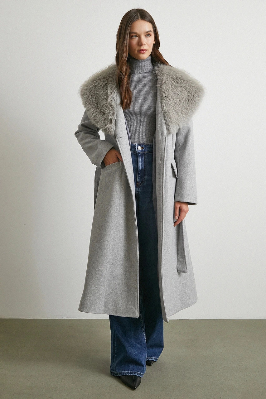 Kürk Yaka Kuşaklı Kaşe Kaban Gri Gri