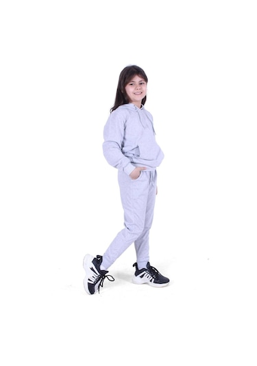 Fyk Kids Kapüşonlu Kanguru Cepli Düz Desen Kız Çocuk Alt-üst Takım Gri