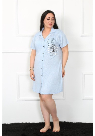 Akbeniz Büyük Beden Penye Düğmeli Mavi Tunik Gecelik 1025-mavi Mavi