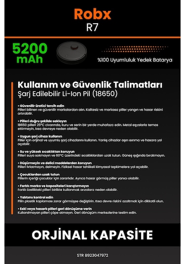 Robx R7 Robot Süpürge Uyumlu 5200 Mah Batarya