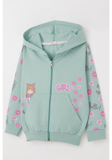 Breeze Kız Çocuk Hırka Sevimli Kız Baskılı Kolları Çiçek & Kalp Desenli 1-4 Yaş, Su Yeşili Su Yeşili