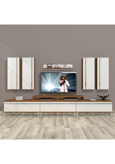 Decoraktiv Ekoflex 8d Mdf Krom Ayaklı Tv Ünitesi Tv Sehpası Ceviz - Beyaz
