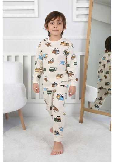 Transportation Veichle Desenli Çocuk Pijama Takımı Alt-üst Bej 3-8 Yaş Bej