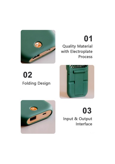 Ximistore9 3'lü Fonksiyonlu F30 Yeşil: Usb Şarj Cihazı, Telefon Tutucu Ve Çift Kollü Fırça Fanı - 3 Hız Ayarı, Katlanabilir, Taşınabilir Yeşil