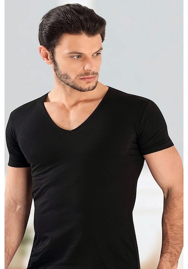 Hmd Erkek Derin V Yaka Kısa Kollu Lycralı Tshirt 712-713