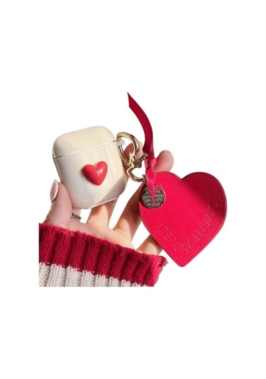 Apple Airpods 3. Nesil İle Uyumlu Kılıf Kalp Leopar Taş Kiraz Desenli Fiyok Tutmalı Kılıflar Kırmızı