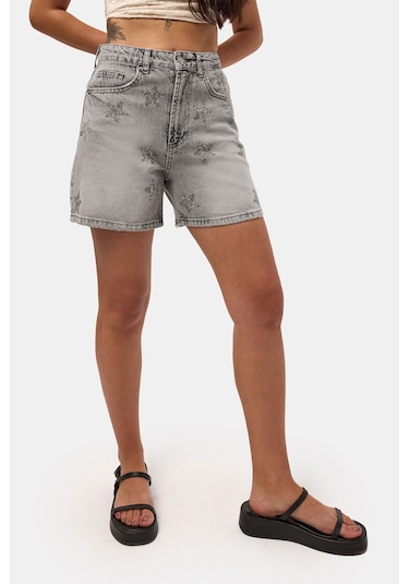 Itsbasic Kadın Füme T-4s6-12 Mom Relax Yıldız Detaylı Tasarım Denim Şort
