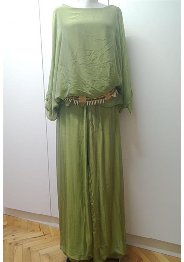 Bohem Stil Italyan Korse Belli Astarlı İpek Pantolon Fıstık Yeşili