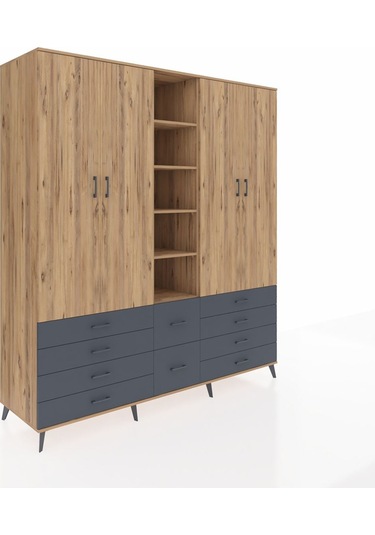 Kronos Dolap 9 Raflı 10 Çekmeceli 2 Askılı 220x59x243 Çam-çam/antrasit Atlas Çam/antrasıt