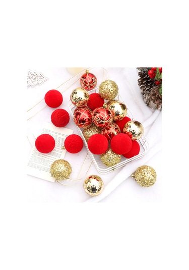 Vkemall 6cm Kumaş Kaplı Boyalı Noel Topları Seti - 25 Adet Ağaç Süs Eşyası Kırmızı+altın Noel Dekorasyonu