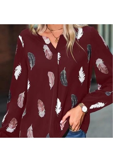 Moda Kadın Bluz Gömlek Kadınlar İçin Şık Üst Uzun Kollu Tüy Desenli Kadın Üstleri Zarif Şifon Kadın Giyim Şarap Kırmızısı
