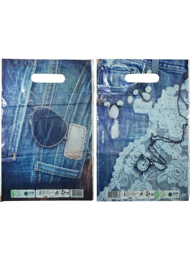 Baskılı Mağaza Poşeti No 4 50 Adet Kot Desenli Takviyeli Poşet