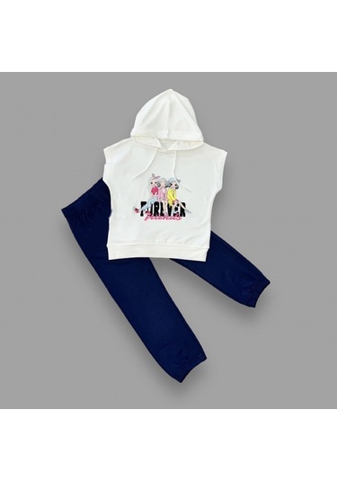 3-4-5 Yaş Forever Cici Kızlar Baskılı Kapşonlu 2li Kız Çocuk Takımı Lacivert