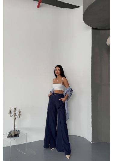 Soonaksesuar Salaş Önden Yırtmaç Detaylı Bel Kemerli Pantolon - Lacivert Lacivert